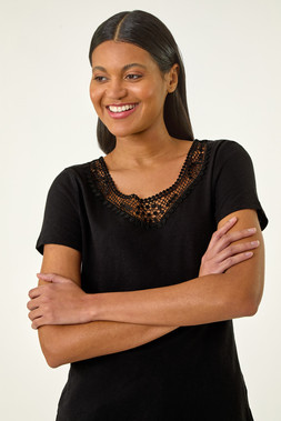 Roman Lace Neck Trim Stretch Top