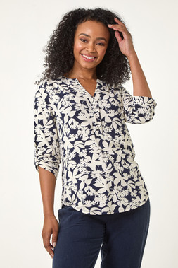Roman Petite Navy Petite Floral Print Button Through Shirt