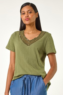 Roman Sequin Trim V-Neck Stretch Top
