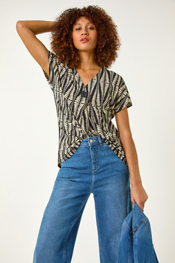 Roman Abstract Print Pleat Front Top