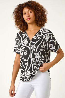 Roman Black Textured Print Zip Detail Top