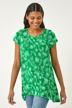 Roman Green Textured Floral Print Tunic Top