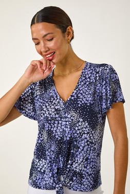 Roman Floral Print Tie Front Stretch Top