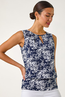 Roman Navy Textured Ditsy Floral Print Top