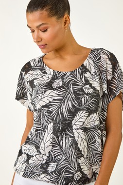 Roman Black Leaf Print Lace Bubble Hem Top