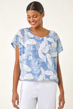 Roman Light Blue Leaf Print Lace Bubble Hem Top