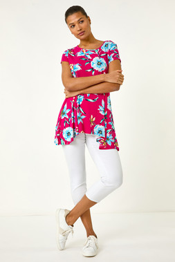 Roman Floral Print Hanky Hem Stretch Tunic Top