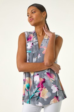 Roman Pink Floral Print Pleat Front Vest