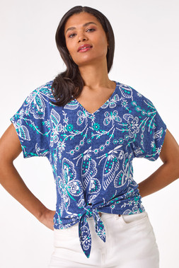 Roman Blue Textured Print Tie Hem Top