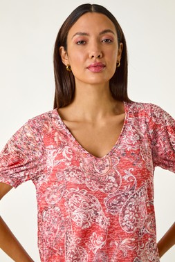 Roman Red Paisley Burnout Blouson Top