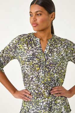 Roman Lime Animal Print Burnout V-Neck Shirt