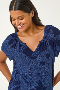 Roman Navy Floral Print V-Neck Top