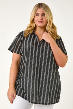 Roman Curve Black White Stripe Knit Collared Top