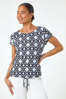 Roman Petite Geo Print Drawstring Stretch Top