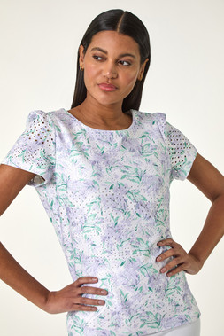 Roman Lilac Textured Floral Print Stretch Top