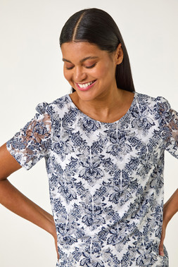 Roman Navy Printed Lace Stretch Top