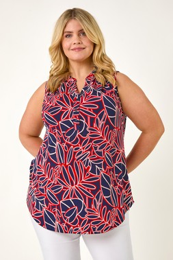 Roman Curve Red Textured Leaf Print Vest Top