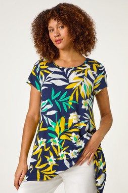 Roman Yellow Leaf Print Hanky Hem Tunic Top