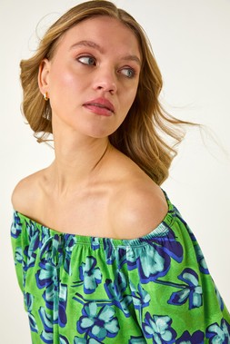 Roman Green Floral Print Bardot Stretch Top