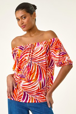 Roman Red Floral Print Bardot Stretch Top