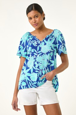 Roman Textured Print Notch Neck Top