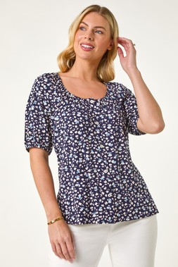 Roman Petite Navy Ditsy Print Button Front Top