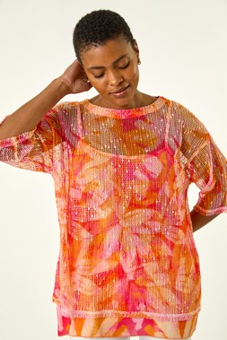 Roman Floral Mesh Overlay Top