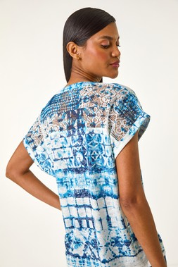 Roman Blue Burnout Print Lace Shoulder Top