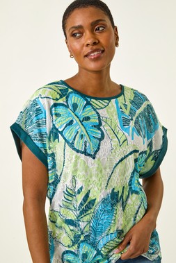 Roman Blue Leaf Print Lace Jersey Top