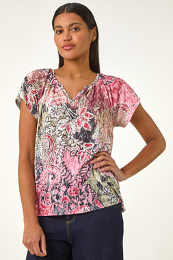 Roman Khaki Paisley Print V-Neck Raglan Top