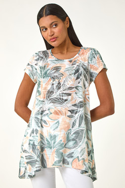Roman Green Leaf Print Hanky Hem Tunic Top