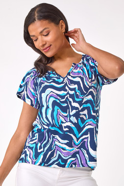 Roman Blue Abstract Print Hanky Hem Stretch Top