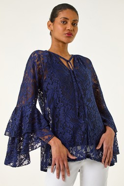 Roman Blue Tie Neck Lace Detail Top