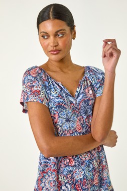Roman Navy Burnout Print V-Neck Raglan Top
