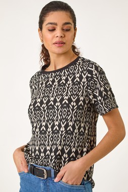 Roman Black Ikat Print Textured Stretch Top