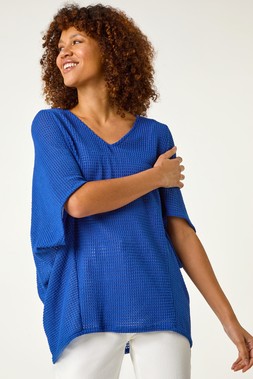Roman Royal Blue Textured V-Neck Cocoon Stretch Top