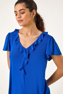 Roman Royal Blue Ruffle Front Stretch Top