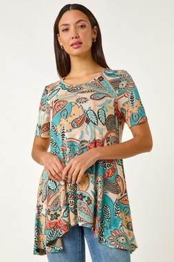 Roman Blue Floral Print Hanky Hem Tunic Top