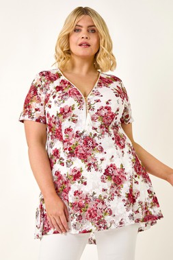 Roman Curve Floral Lace Zip Front Blouse