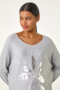 Roman Grey Foil Flower Print Tunic Top