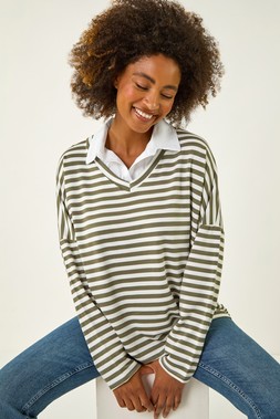Roman Khaki Stripe Mock Shirt Top