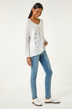 Roman White Textured Foil Snit V-Neck Top