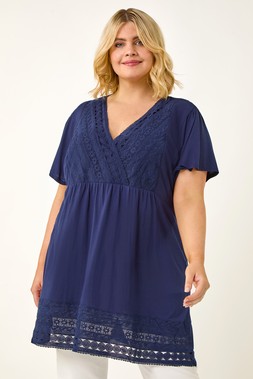 Roman Curve Navy Lace Trim Stretch Top