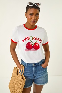 Roman Cherry Slogan Stretch T-Shirt