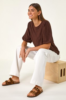 Roman Chocolate Broderie Puff Sleeve Top