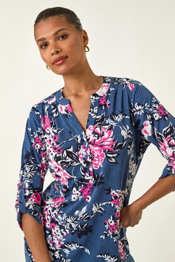 Roman Blue Floral Puff Print Stretch Shirt