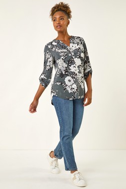 Roman Grey Floral Puff Print Stretch Shirt