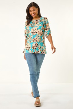 Roman Floral Printed Keyhole Front Stretch Top
