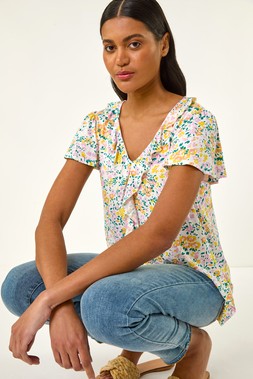 Roman White Floral Print Ruffle V-Neck Top