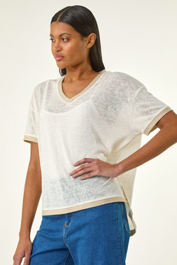 Roman Cream Metallic Trim V-Neck T-Shirt